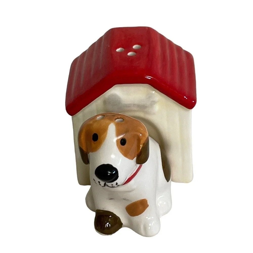Dog and Doghouse Salt and Pepper Shaker Set Ceramic Brown White Red